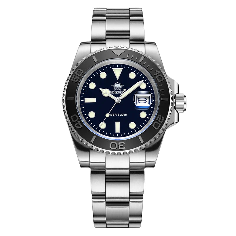 Montre hommage ADDIESDIVE H3 Noire inspirée de la Yachtmaster, boîtier en acier inoxydable, cadran noir émail, lunette rotative et aiguilles lumineuses BGW9.